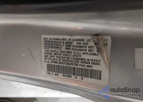 2012 Honda Odyssey Touring/Touring Elite from USA, damaged, VIN 5FNRL5H97CB026759
